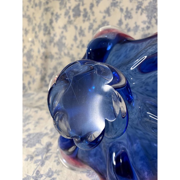 Pink Blue Hand Made 10" Glass Pedestal Bowl Bohemia Czech Republic Glass MCM - Picture 11 of 12